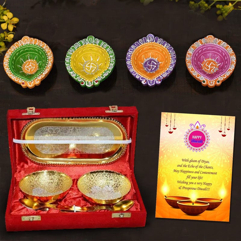 Collectible India Diwali Gift Combo Diwali Decoration Items Hampers Pack for Family and Friends Gold Silver Plated Brass Bowl Showpiece for Puja with 4 Clay Diya Oil Lamp Greeting Card - Image 1