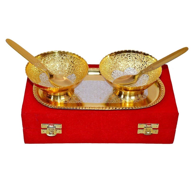 Collectible India Diwali Gift Combo Diwali Decoration Items Hampers Pack for Family and Friends Gold Silver Plated Brass Bowl Showpiece for Puja with 4 Clay Diya Oil Lamp Greeting Card - Image 2
