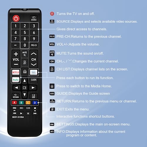 VTINVAN Universal Remote Control for Samsung Smart TV, Control Replacement fit for 4K UHD QLED HDTV LED TVs, with Hulu Netflix PrimeVideo Buttons - Image 5