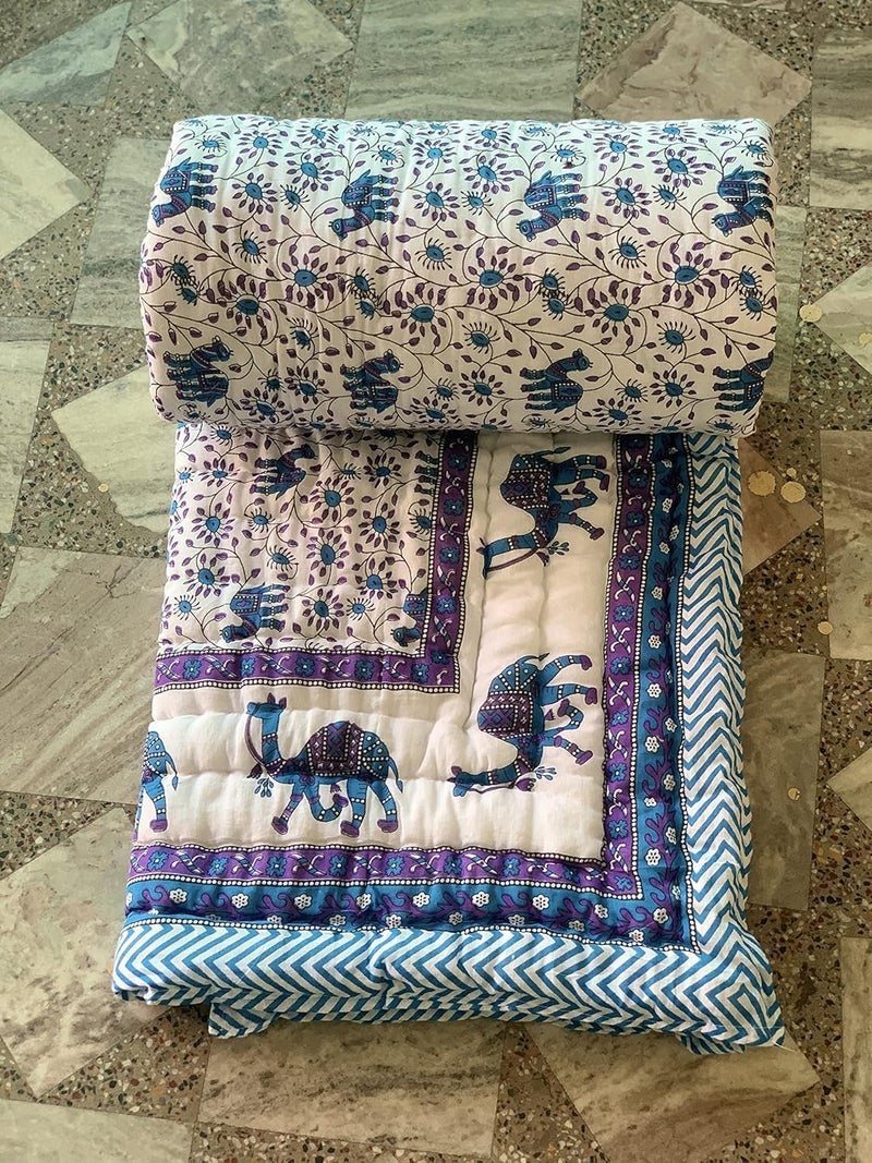 AARMOZY Cotton Single Bed Quilt Animals Print Blue Camal Razai Blue 85X55 Inch - Image 3