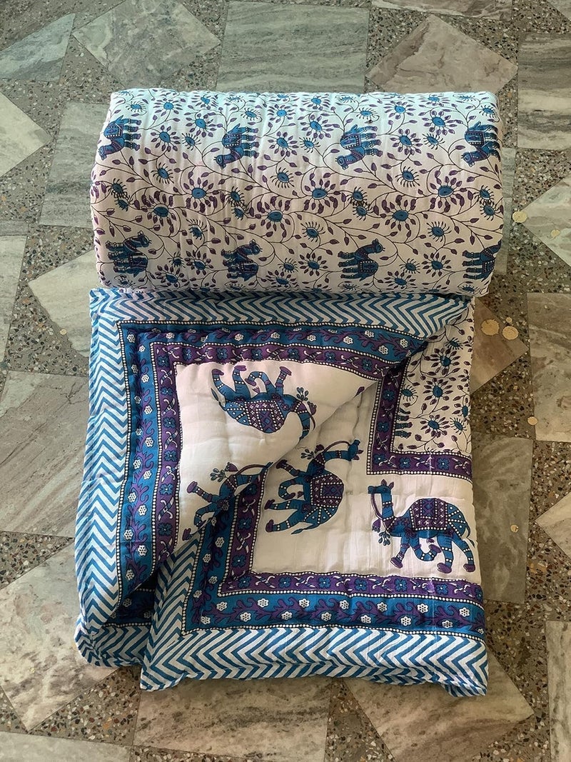 AARMOZY Cotton Single Bed Quilt Animals Print Blue Camal Razai Blue 85X55 Inch - Image 5