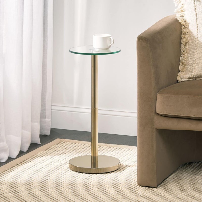 mDesign Glass Top Side/End Drink Table - Small Modern Round Accent Metal Nightstand Furniture for Living Room, Dorm, Home Office, and Bedroom - 9" Round - Clear/Soft Brass - Image 4