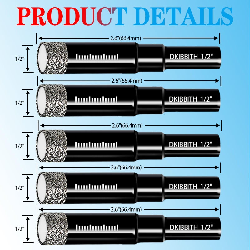 DKIBBITH 5-Pack 1/2" Diamond Core Drill Bits Set, 12mm Tile Drill bits for Ceramic Porcelain Marble Granite Tile Stone Glass Brick, Integrated Coolant for Fast Dry Drilling, Round Shank, with Storage Case - Image 2