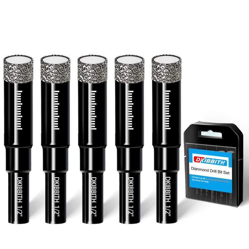DKIBBITH 5-Pack 1/2" Diamond Core Drill Bits Set, 12mm Tile Drill bits for Ceramic Porcelain Marble Granite Tile Stone Glass Brick, Integrated Coolant for Fast Dry Drilling, Round Shank, with Storage Case - Image 1