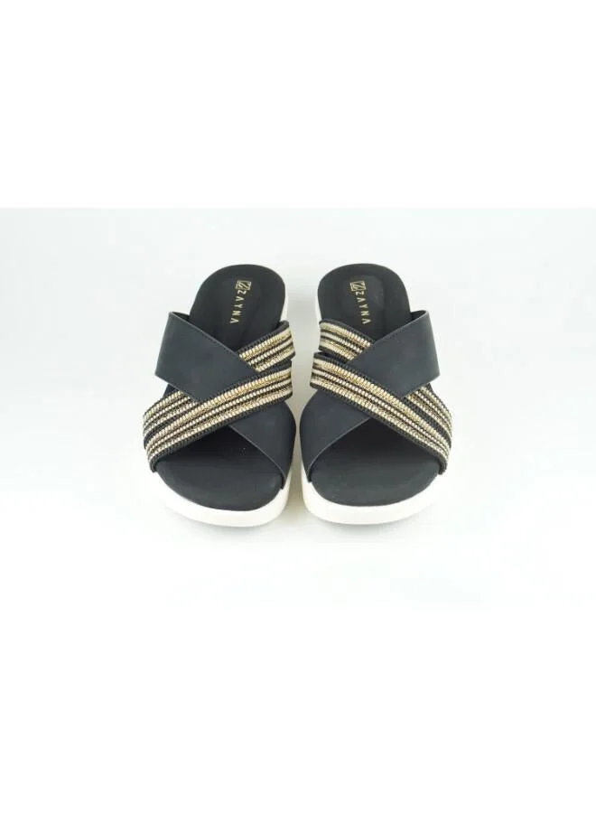Zayna 221-350 Zayna Women's Cross-Strap Wedge Slide 24ABT54E Black
