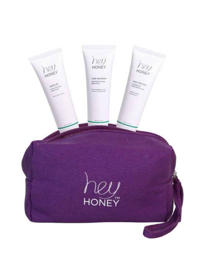 Hey Honey Hey Honey 4pc Set: Love Your Body Lotion, Walk The Walk Foot Cream, Hands On Honey Hand Cream, Eco Makeup Bag. Perfect for Valentine's, Xmas, Birthdays - Image 1