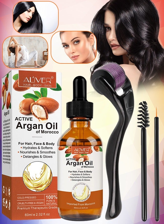 ALIVER زيت الأركان 60 مل مع ديرما رولر لنمو الشعر وتنعيم البشرة وتوهجها وتغذية فروة الرأس وتعزيز نمو الشعر ومضاد للتكسر وتساقط الشعر زيت الأركان المغربي النقي والعضوي بنسبة 100% للاستخدامات المتعددة - Image 1