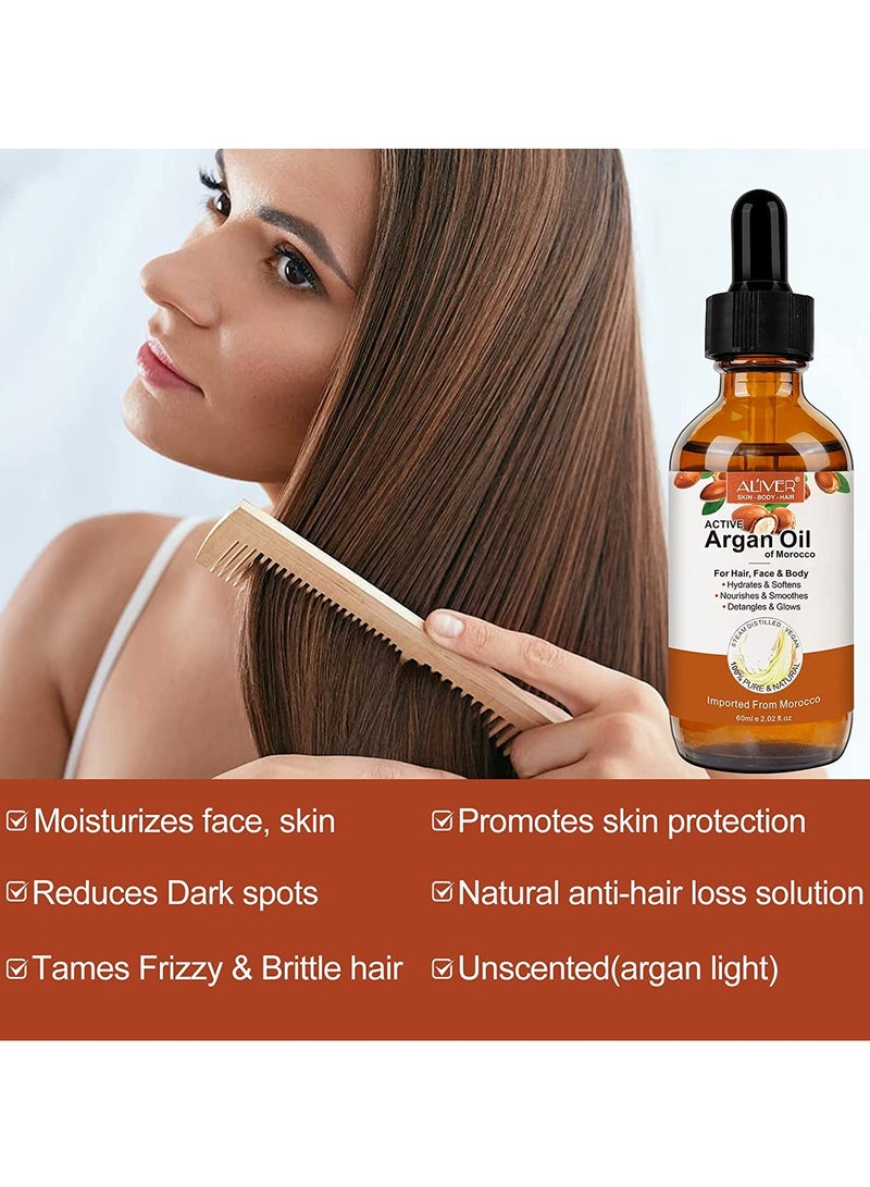 ALIVER زيت الأركان 60 مل مع ديرما رولر لنمو الشعر وتنعيم البشرة وتوهجها وتغذية فروة الرأس وتعزيز نمو الشعر ومضاد للتكسر وتساقط الشعر زيت الأركان المغربي النقي والعضوي بنسبة 100% للاستخدامات المتعددة - Image 2
