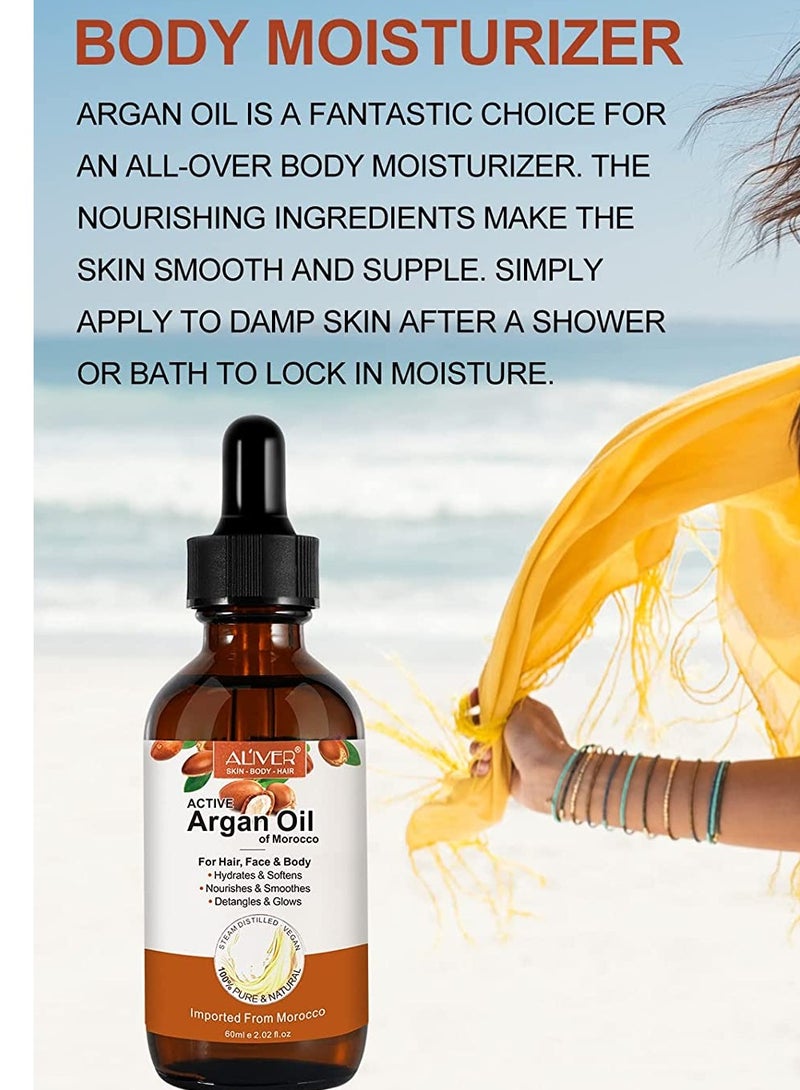 ALIVER زيت الأركان 60 مل مع ديرما رولر لنمو الشعر وتنعيم البشرة وتوهجها وتغذية فروة الرأس وتعزيز نمو الشعر ومضاد للتكسر وتساقط الشعر زيت الأركان المغربي النقي والعضوي بنسبة 100% للاستخدامات المتعددة - Image 3