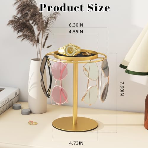 LSK Metal Sunglasses Organizer, Glasses Holder Stand with Storgae Tray, Eyeglasses Holder with Anti-Slip Pads for Tabletop, Desk, Dresser, Gold - Image 5
