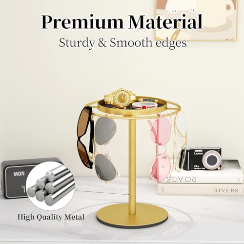 LSK Metal Sunglasses Organizer, Glasses Holder Stand with Storgae Tray, Eyeglasses Holder with Anti-Slip Pads for Tabletop, Desk, Dresser, Gold - Image 2
