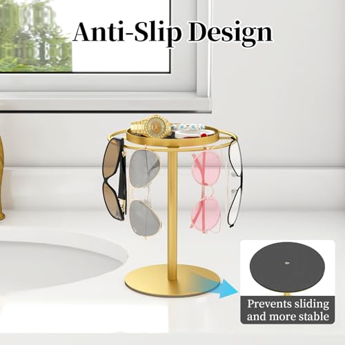 LSK Metal Sunglasses Organizer, Glasses Holder Stand with Storgae Tray, Eyeglasses Holder with Anti-Slip Pads for Tabletop, Desk, Dresser, Gold - Image 4