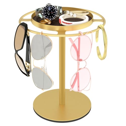 LSK Metal Sunglasses Organizer, Glasses Holder Stand with Storgae Tray, Eyeglasses Holder with Anti-Slip Pads for Tabletop, Desk, Dresser, Gold - Image 1
