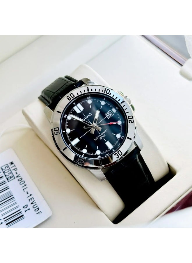 Casio MTP-VD01L-1EVUDF Men’s Analog Watch – Black Dial, Rotating Bezel, Date Display, Leather Strap, Water Resistant - Image 2