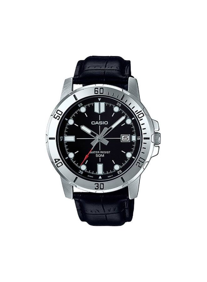 Casio MTP-VD01L-1EVUDF Men’s Analog Watch – Black Dial, Rotating Bezel, Date Display, Leather Strap, Water Resistant - Image 1