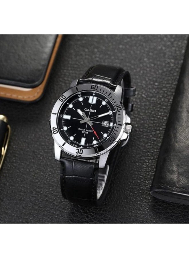 Casio MTP-VD01L-1EVUDF Men’s Analog Watch – Black Dial, Rotating Bezel, Date Display, Leather Strap, Water Resistant - Image 3