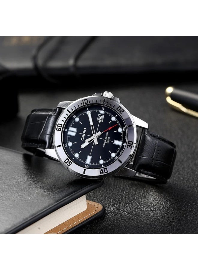 Casio MTP-VD01L-1EVUDF Men’s Analog Watch – Black Dial, Rotating Bezel, Date Display, Leather Strap, Water Resistant - Image 5