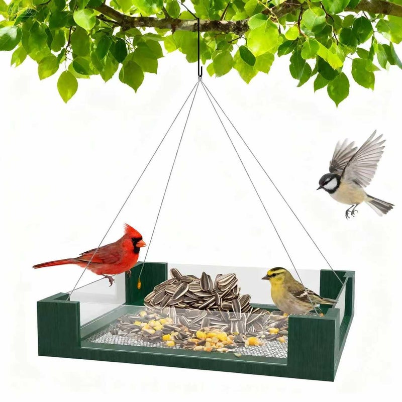 FlowaFoli Platform Bird Feeders for Outdoors - Clear View Hanging Bird Feeder with Acrylic Side Panels, Easy to Observe Birds & Seed Level, Garden Decoration Attracts Cardinal, Blue Jay, Green - Image 1
