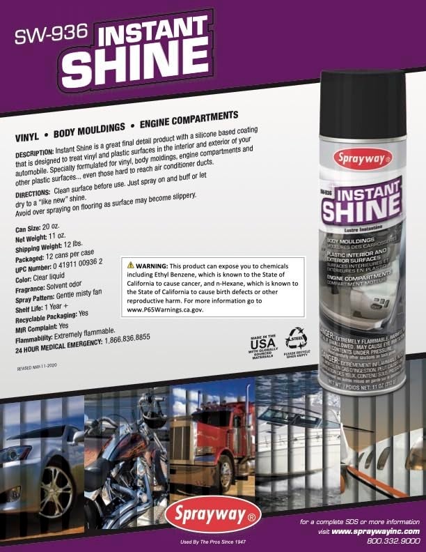 Sprayway SW936-12PK Aerosol Instant Shine Vinyl Cleaner and Protectant, 11 oz, Pack of 12 , WHITE - Image 2