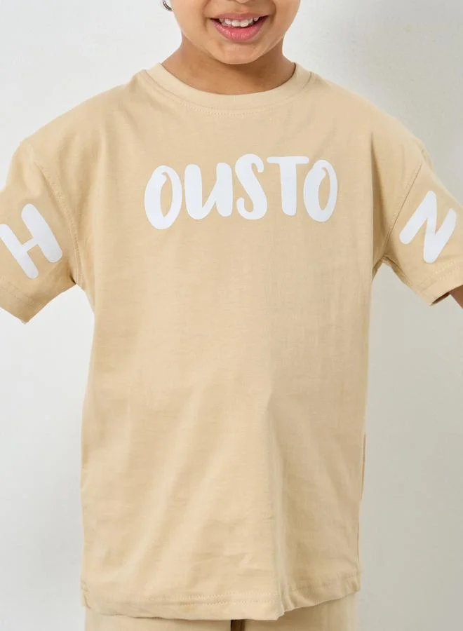 ستايلي Styli Boys Beige Slogan T-Shirt and Jogger Set