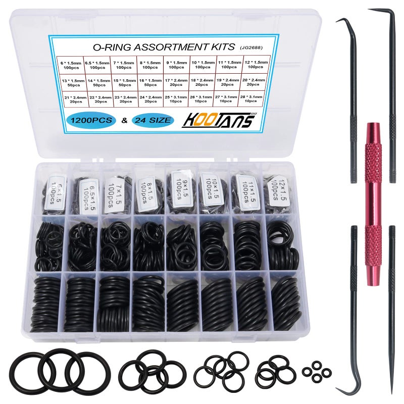 KOOTANS 1200Pcs Nitrile Rubber O Ring Kit 24 Sizes O Rings Assortment Kit Set Sealing Washer NBR Metric o-Ring Assortment for Plumbing, Gas, Automotive and Faucet Repair, Resist Oil and Heat O-Rings - Image 1