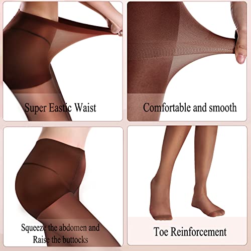WAKUNA 3 Pairs Sheer Tights For Women 20D Pantyhose Control Top Invisible Reinforced Toes Coffee-M - Image 2