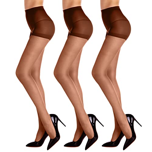 WAKUNA 3 Pairs Sheer Tights For Women 20D Pantyhose Control Top Invisible Reinforced Toes Coffee-M - Image 1