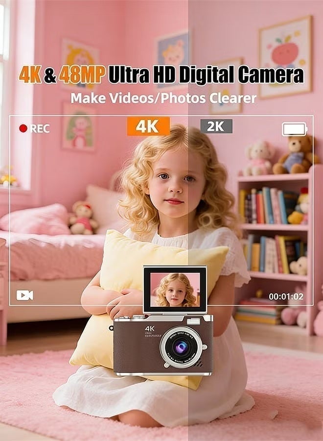 ZetRA 4k CCD Digital Zoom Student Digital Camera 48MP Portable Digital Photography Camera 180° Flip Screen Selfie Camera，with 128GB SD card - Image 3