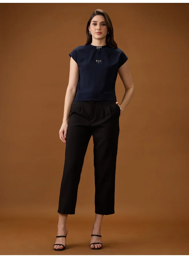 globus Women Navy Blue Round Neck Extended Sleeve Solid Bow Detail Top