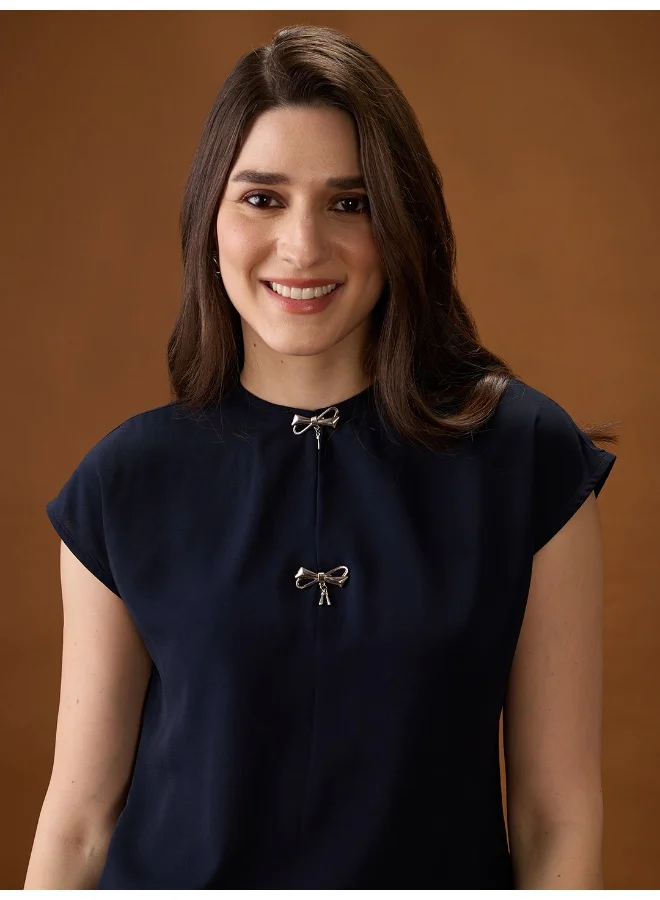 globus Women Navy Blue Round Neck Extended Sleeve Solid Bow Detail Top