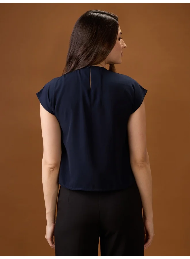globus Women Navy Blue Round Neck Extended Sleeve Solid Bow Detail Top