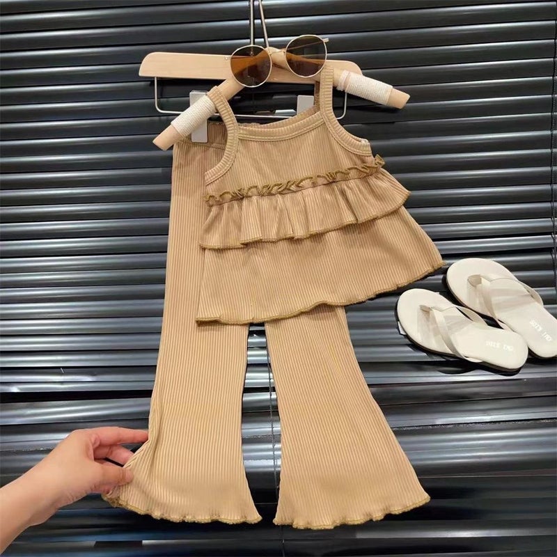 Girls Summer New Arrival Strap suit Thin Girls Ice Silk Strap Skirt Horn Pants Two-Piece Set Stylish brown [suit] 136#