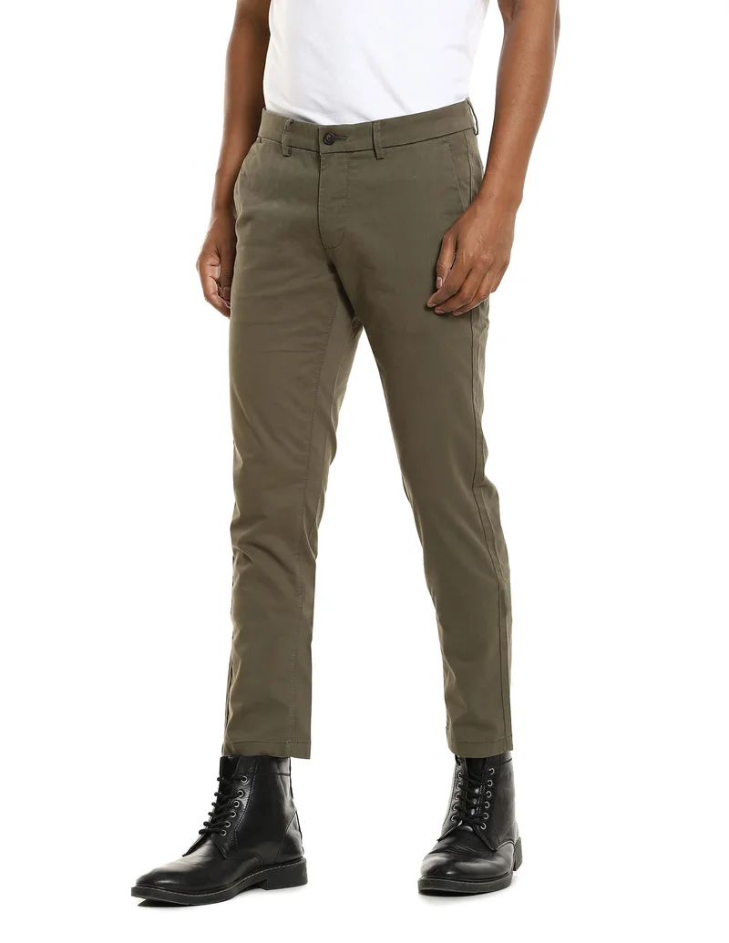 Arrow Olive Flat Front Solid Casual Trousers for Men | Best Price UAE