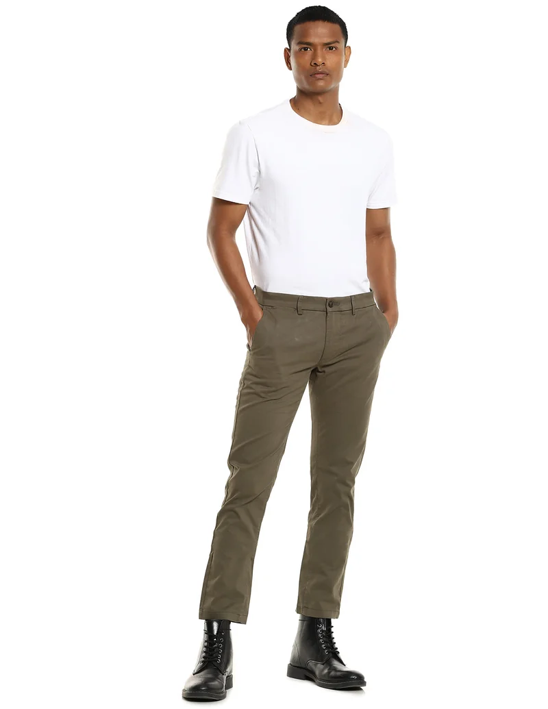 Arrow Olive Flat Front Solid Casual Trousers for Men | Best Price UAE