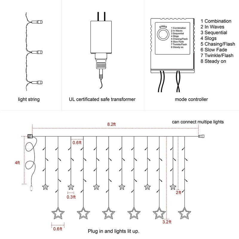 Lexton Lexton 138 LED Curtain String Lights with 8 Flashing Modes Decoration12 Stars YellowCorded ElectricPlastic  - Image 5