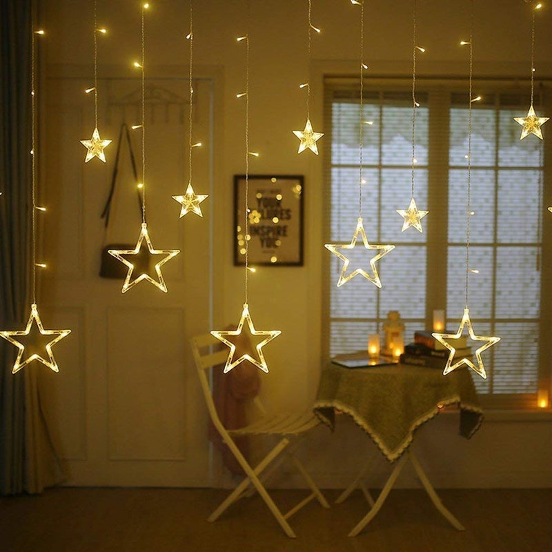 Lexton Lexton 138 LED Curtain String Lights with 8 Flashing Modes Decoration12 Stars YellowCorded ElectricPlastic  - Image 1