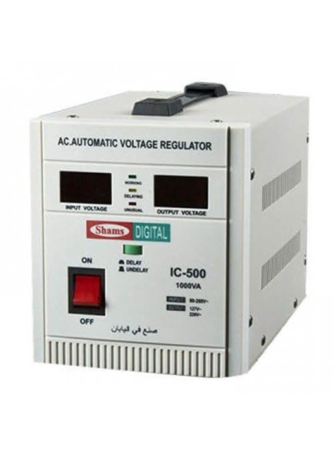 اس اي Shams شمس ياباني: منظم جهد كهربائي دجيتال أوتوماتيكي (تقنية ريلي) 1000 واط / 1.0KW - بـ 3 مخارج (220V & 127V) - مثبت كهرباء حماية فورية للأجهزة - Image 1