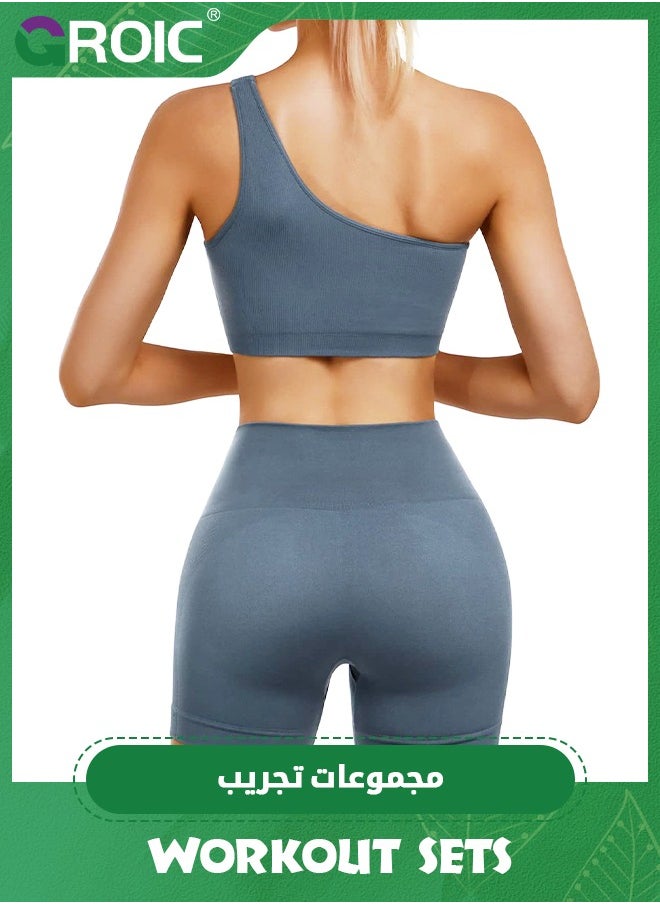 GROIC - Women's Workout Sets 2 Piece Yoga Outfits Seamless High Waist Shorts One Shoulder Sport Bra Set Ribbed Activewear Set - Image 1
