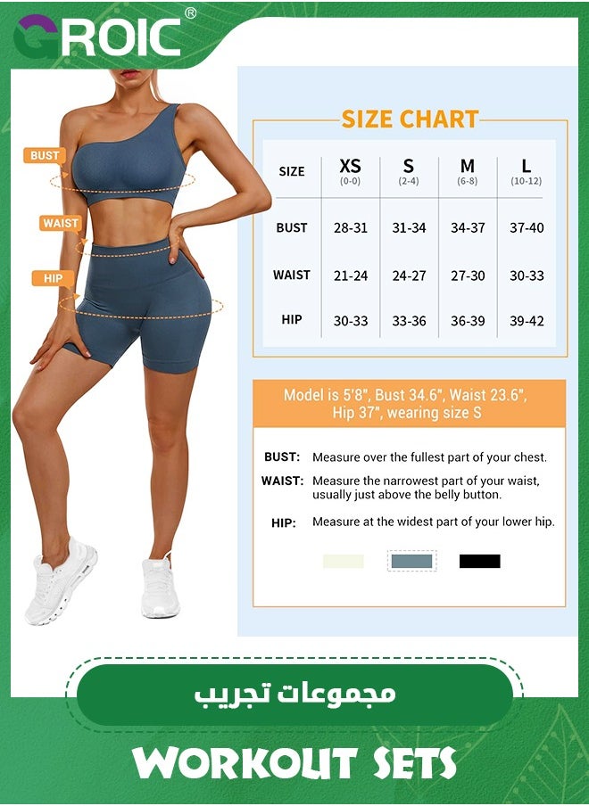 GROIC - Women's Workout Sets 2 Piece Yoga Outfits Seamless High Waist Shorts One Shoulder Sport Bra Set Ribbed Activewear Set - Image 1