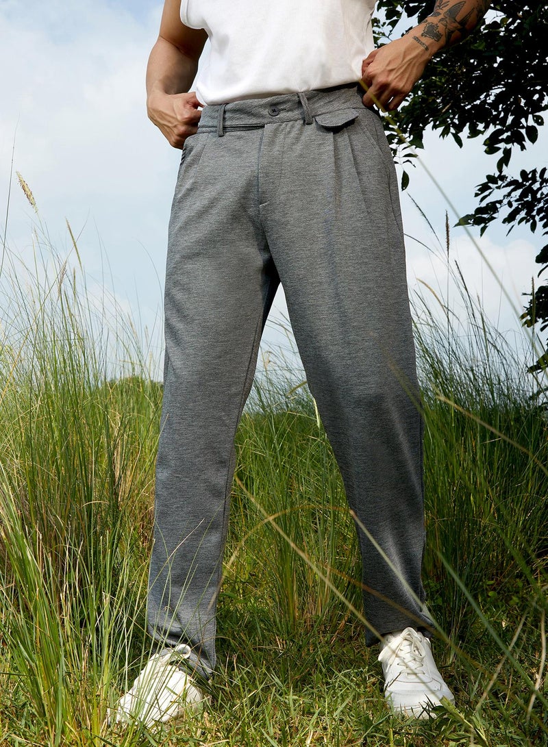 Campus Sutra Campus Sutra Men's Moon Grey Heathered Tailored Trousers For Casual Wear | Relaxed Fit | Low-Rise | Button Closure | Trousers Crafted With Comfort Fit For Everyday Wear - Image 1