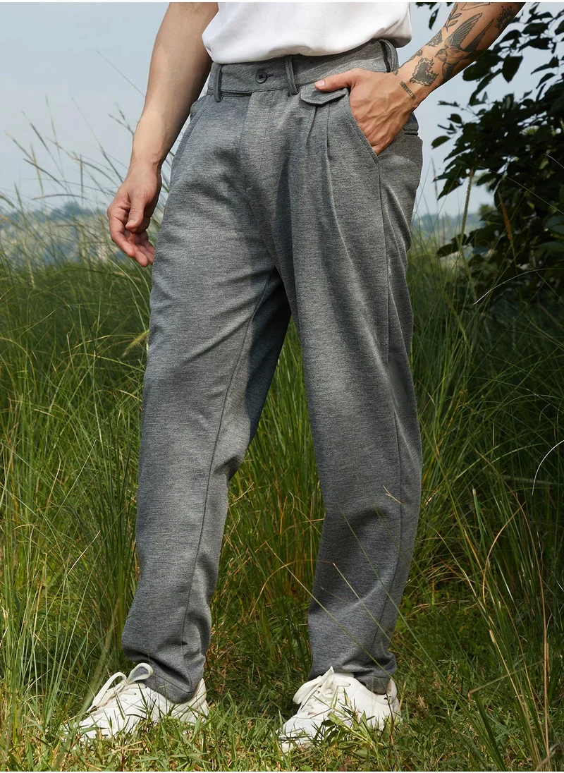 كامبوس سوترا Campus Sutra Men's Moon Grey Heathered Tailored Trousers For Casual Wear | Relaxed Fit | Low-Rise | Button Closure | Trousers Crafted With Comfort Fit For Everyday Wear