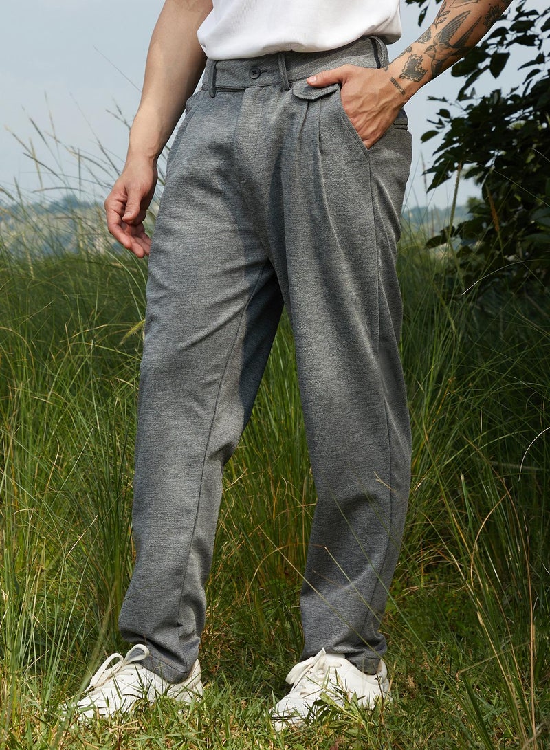 Campus Sutra Campus Sutra Men's Moon Grey Heathered Tailored Trousers For Casual Wear | Relaxed Fit | Low-Rise | Button Closure | Trousers Crafted With Comfort Fit For Everyday Wear - Image 2