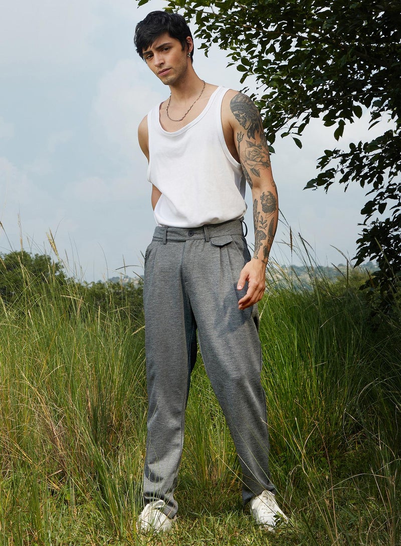 Campus Sutra Campus Sutra Men's Moon Grey Heathered Tailored Trousers For Casual Wear | Relaxed Fit | Low-Rise | Button Closure | Trousers Crafted With Comfort Fit For Everyday Wear - Image 5