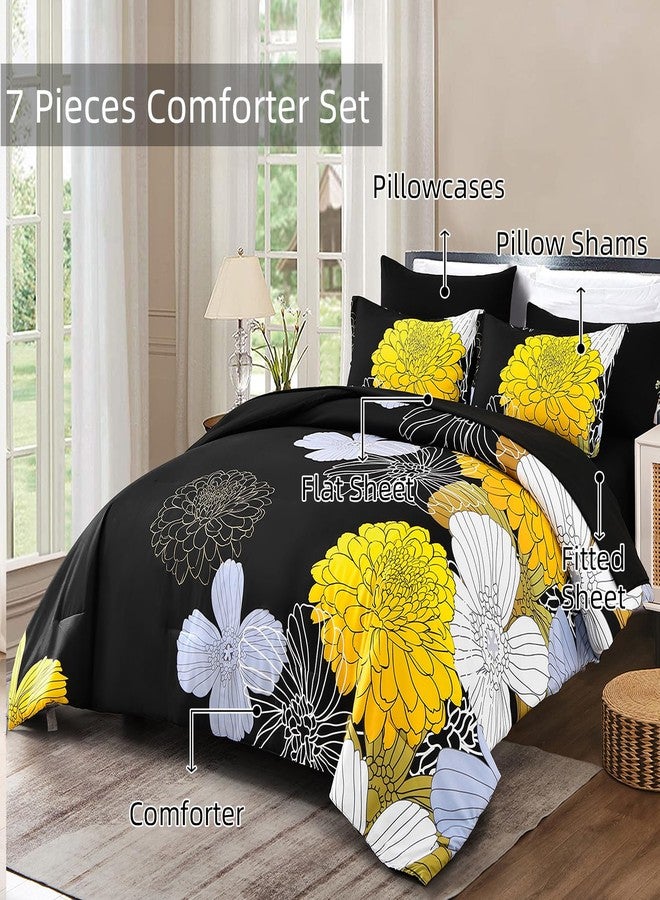 Yiran 7 Pieces King Yellow Black Comforter Set Bed in a Bag Floral Bedding Set Soft Microfiber Comforter (1 Comforter 1 Flat Sheet 1 Fitted Sheet 2 Pillowshams 2 Pillowcases) - Image 3