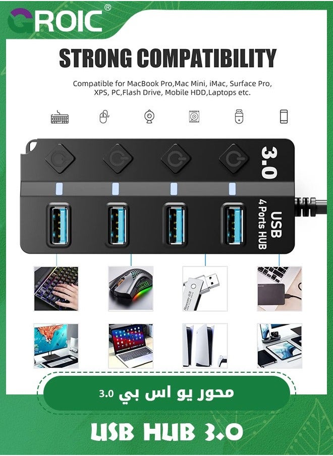 GROIC USB Hub 3.0, 4 Port Splitter Expander with Individual On/Off LED Switches for MacBook, Mac Pro, Mini, iMac, Surface XPS, PC, Console, Printer, Camera, Keyborad  - Image 3