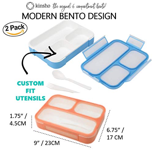 kinsho Bento Lunch Boxes for Adults or Kids | Large 3 Compartment Containers with Dividers for Meals and Snacks for School or Work Lunches, Women Men Includes Utensils | Coral Blue 2 pack - Image 2