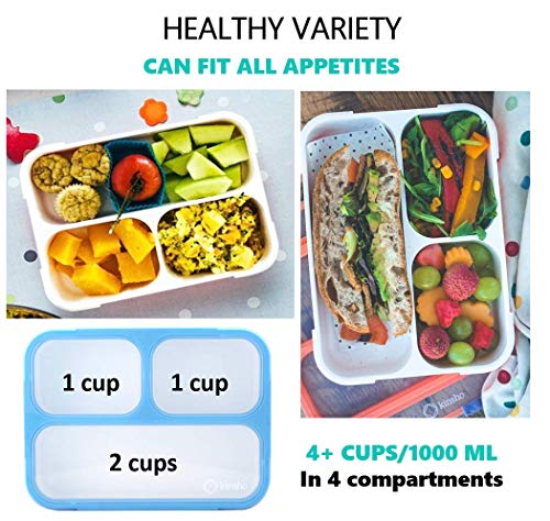 kinsho Bento Lunch Boxes for Adults or Kids | Large 3 Compartment Containers with Dividers for Meals and Snacks for School or Work Lunches, Women Men Includes Utensils | Coral Blue 2 pack - Image 4