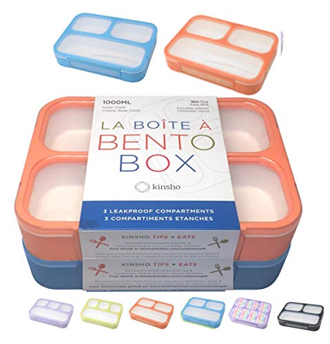 kinsho Bento Lunch Boxes for Adults or Kids | Large 3 Compartment Containers with Dividers for Meals and Snacks for School or Work Lunches, Women Men Includes Utensils | Coral Blue 2 pack - Image 1
