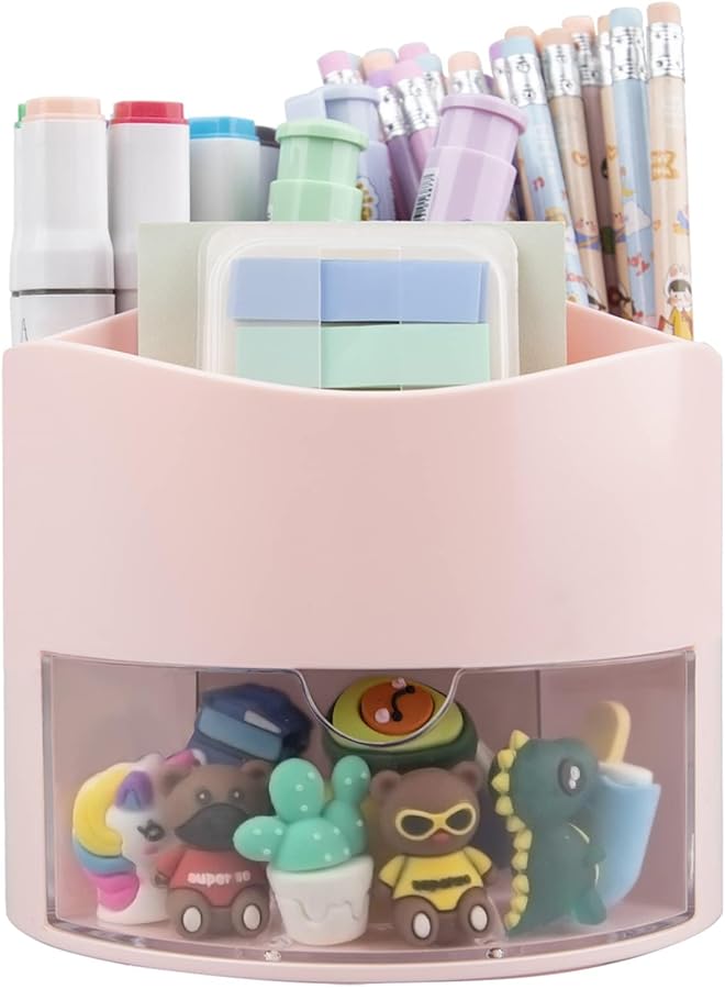 erorex Pencil Holder 360 Degree Rotating Pencil Holder With 4 Slots Multifunctional Rotating Pencil Holder Makeup Brush Holder With Drawer For Dressing Table Home Office School Pink - Image 1