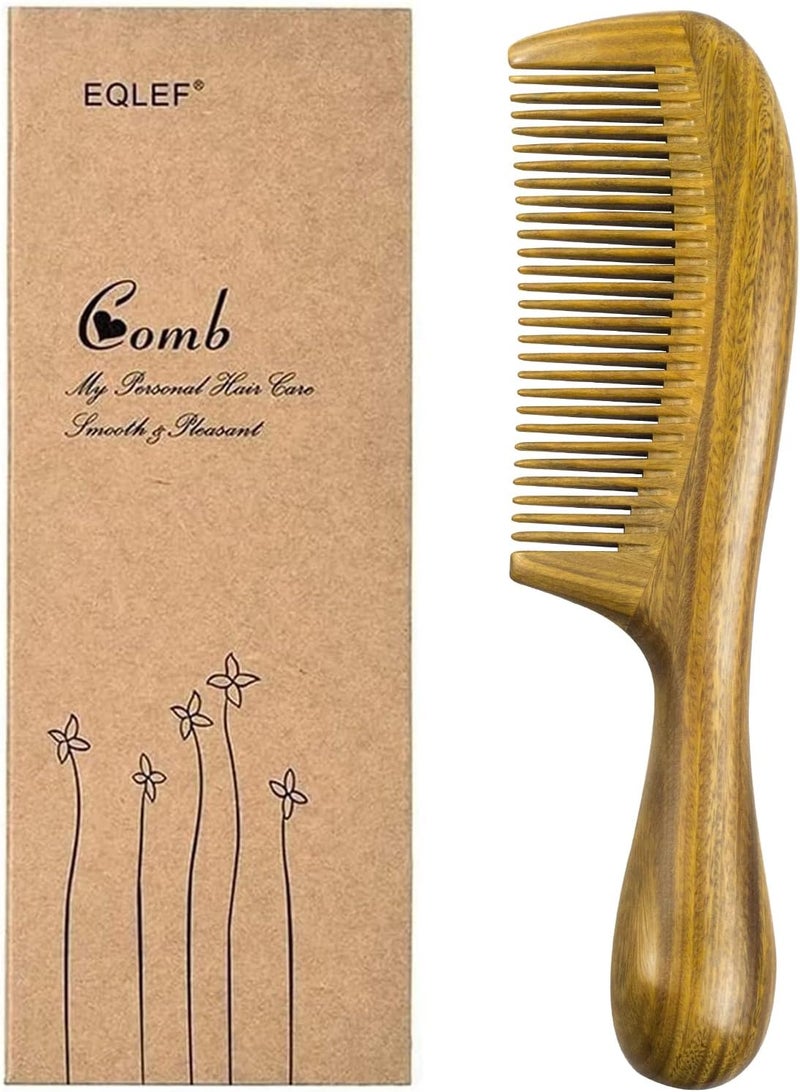 EQLEF Green Sandalwood Comb Anti Static Wooden Comb with Rounded Handle for Curly or Straight Hair